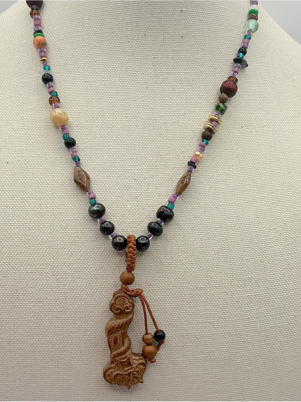 Handcrafted Multicolor Beaded Necklace with Vintage Carved  Pendant